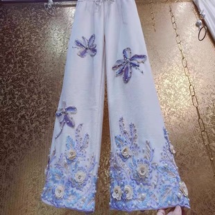 重工钉珠香芋紫色绣花花朵加绒阔腿裤 中国风 子女 新中式 奢华高定