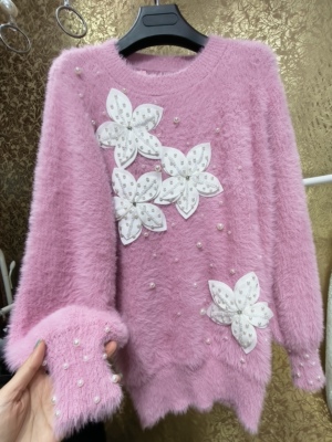 韩国高端 全水晶钉珠串珠立体花朵粉嫩不掉毛不起球毛绒貂绒毛衣