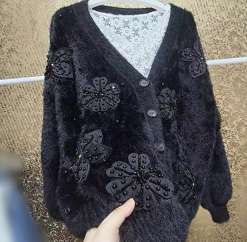 韩国 奢华重工 小香风串珠立体花朵大码毛绒绒开衫外套加厚毛衣