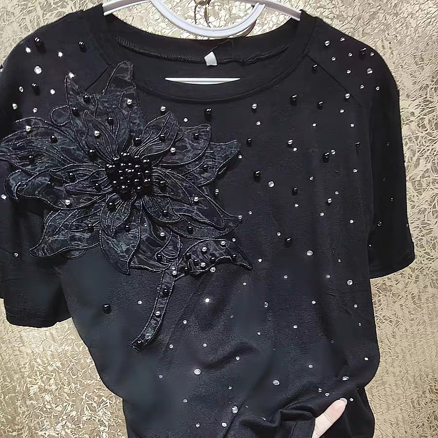 奢华高端重工钉珠珍珠蕾丝满天星水钻立体大花朵紧身短款T恤女