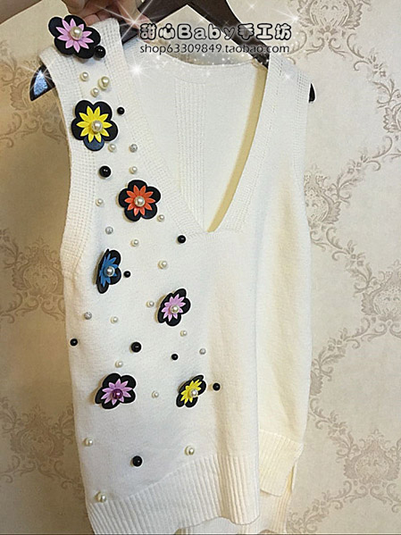 欧洲站立体花朵钉珠无袖针织马夹