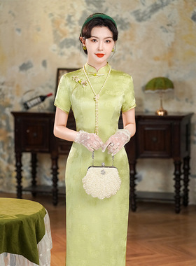 2025新款复古绿色真丝提花旗袍国风改良日常桑蚕丝气质高级连衣裙