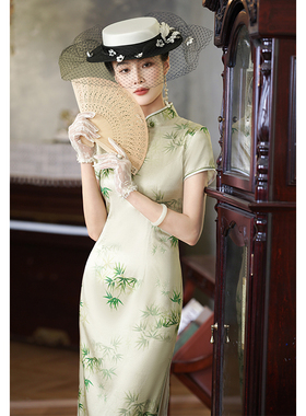 真丝旗袍桑蚕丝高端改良夏新款裙子端庄新中式绿色礼服复古连衣裙