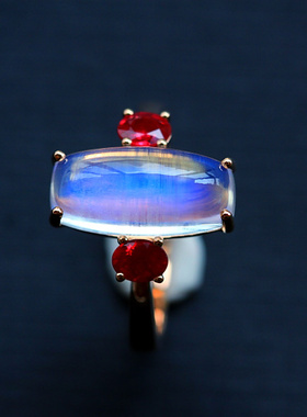 ◆清泉◆水晶馒头——克拉级蓝月光精镶红宝石美戒 （5.34克拉）