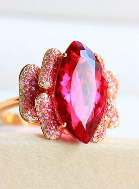 ◆盛放◆店主自戴！大颗粒艳绚红碧玺镶嵌彩宝花形美戒