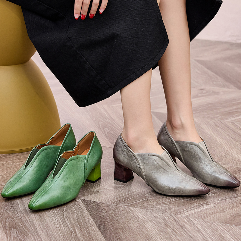 尖头女鞋复古高跟鞋深口单鞋牛皮