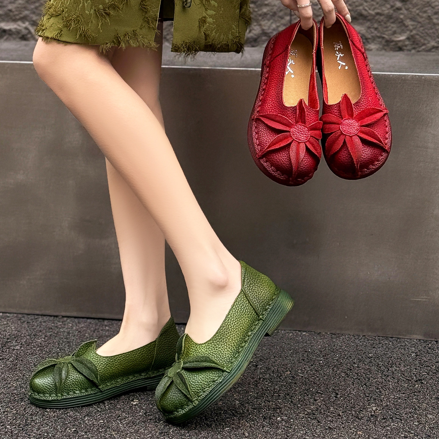 美式潮牌复古小众浅口女单鞋2026新款春秋妈妈鞋真皮牛筋底蛋卷鞋