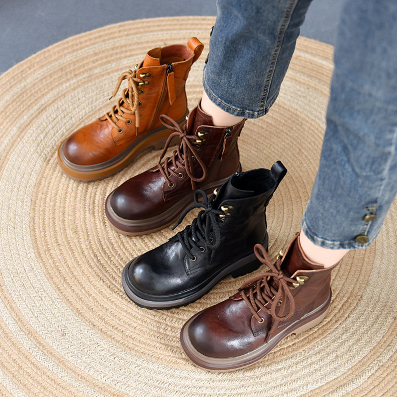 春秋女靴冬季加绒牛皮橡胶马丁靴