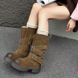 厚底马丁靴女款春秋中筒靴冬季加绒骑士靴复古磨砂高级感长筒靴子