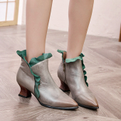 高跟鞋 时尚 春秋短筒女鞋 废土风拼色花边尖头小香风粗跟短靴子新款