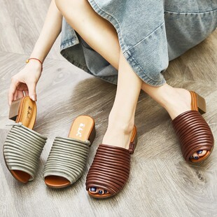 粗跟女士拖鞋 断码 拖外穿精致一字拖夏季 编织鱼嘴凉鞋 手工真皮女鞋