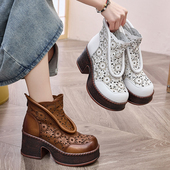 镂空网靴真皮高级感小短靴子 夏季 韩系小踝靴厚底高帮女士凉鞋 新款