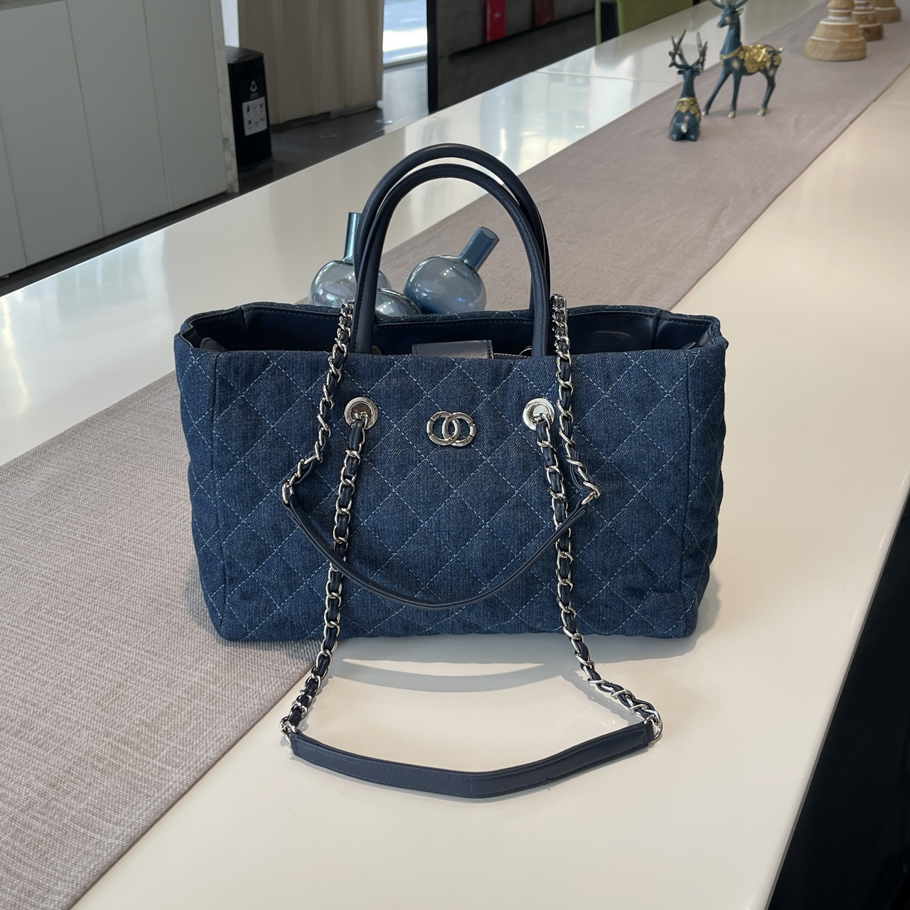 小香风中古丹宁牛仔布链条托特包