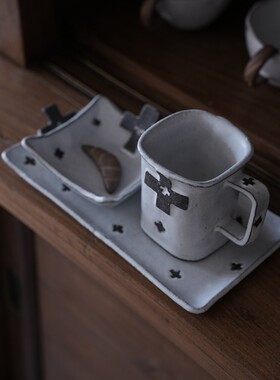 日本陶艺作家 YUZUKI kakera面包系列陶器面包盘杯子十字纹杯