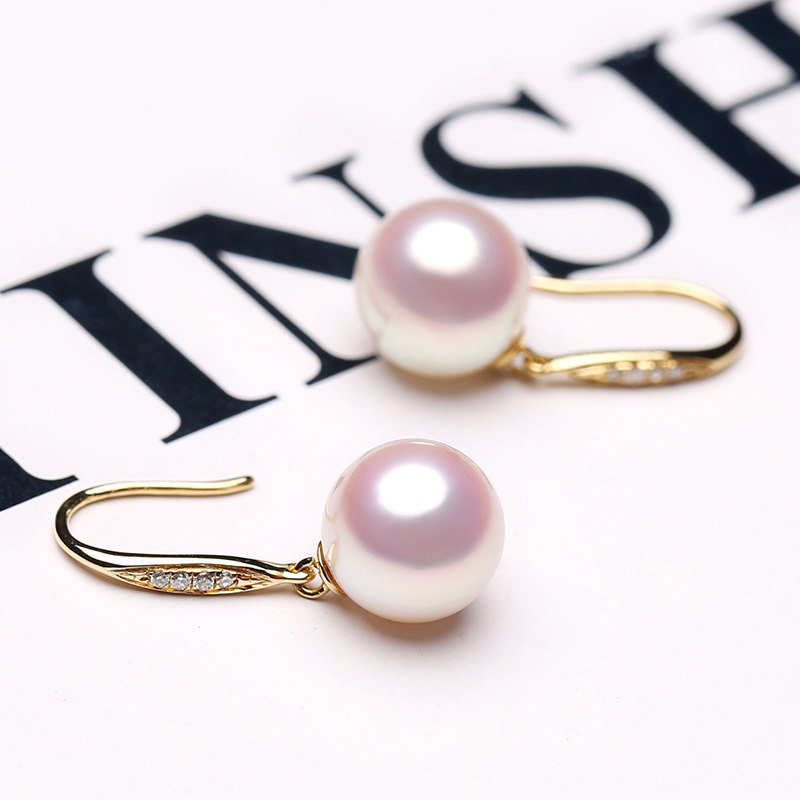 日本AKOYA天然海水珍珠耳钩18K玫瑰彩金镶钻石耳环耳坠单颗女简约