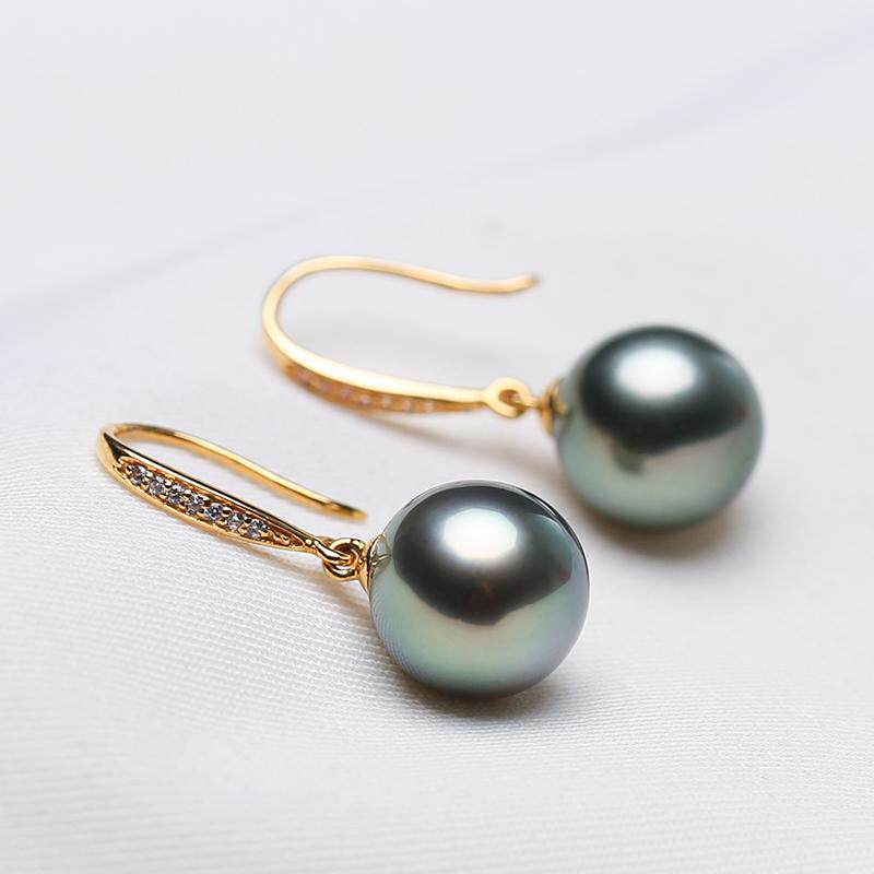 18K金9-10mm大溪地海水黑珍珠耳环耳钩黑珍珠耳坠经典简约孔雀绿