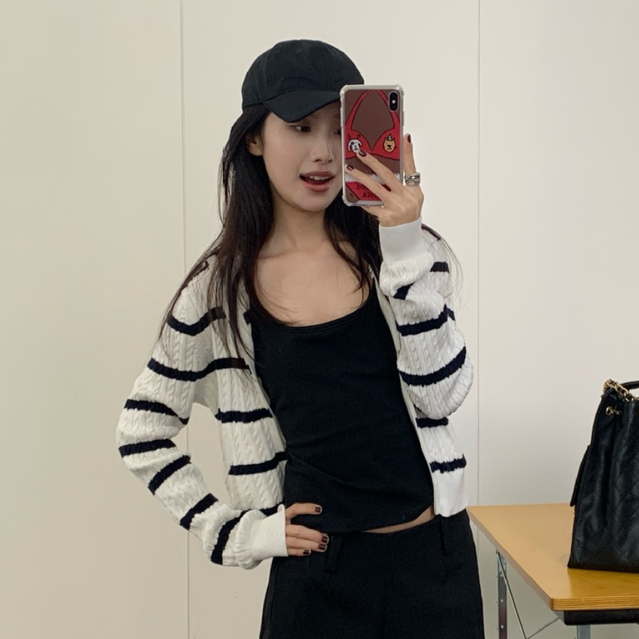 EAL复古连帽针织开衫女秋季氛围感减龄显瘦穿搭条纹长袖毛衣上衣