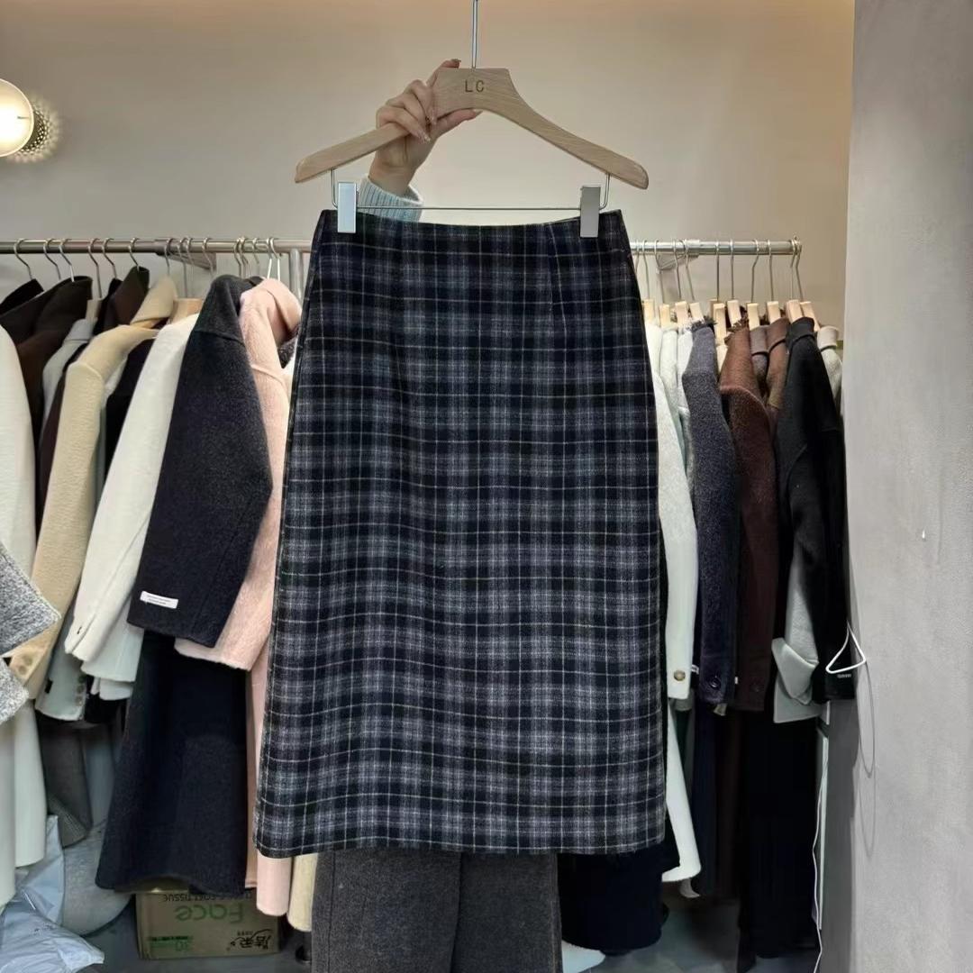 LAS CELULA格子长裙中长款羊毛呢半身裙秋冬高腰直筒格子包臀裙女