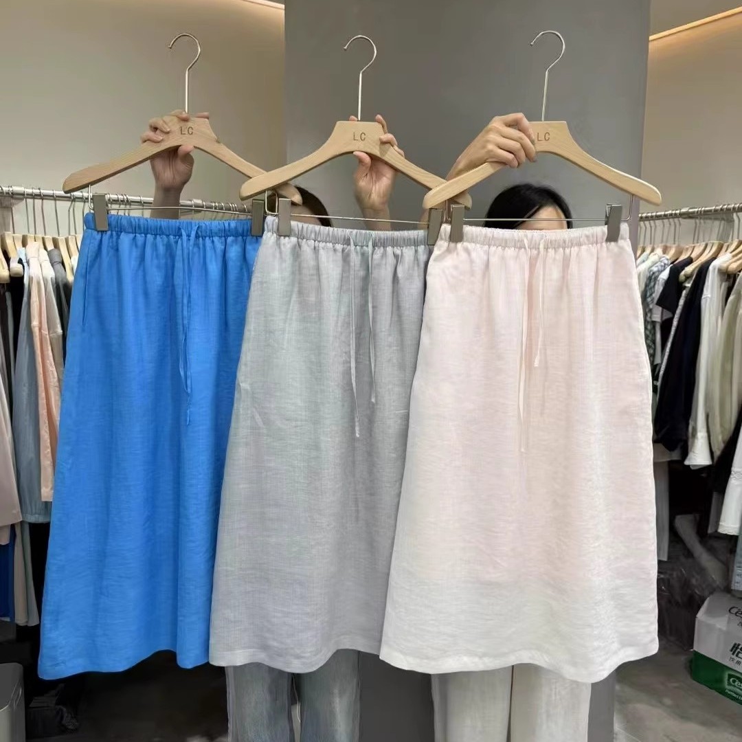 LAS CELULA正品松紧腰抽绳亚麻半身裙纯色麻料A字裙百搭中长裙女