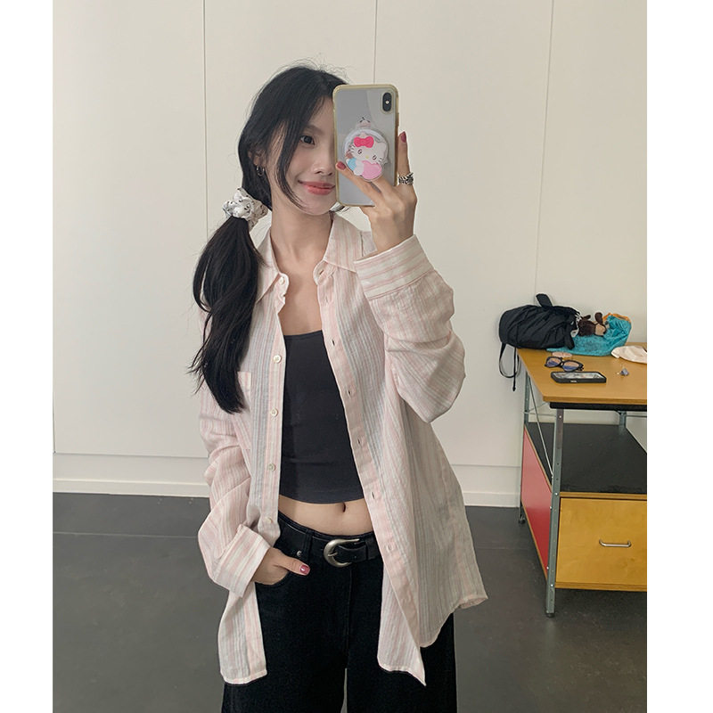 EAL2025薄款粉色条纹长袖衬衫女夏季纯棉宽松百搭休闲防晒衬衣