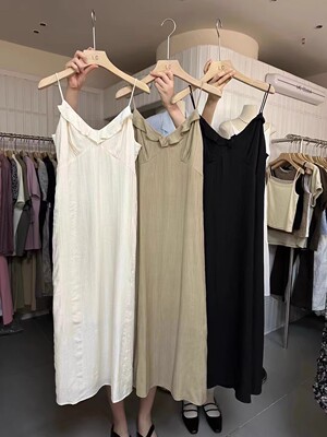 LASCELULA正品V领黑色吊带裙花边领露背长裙连衣裙气质内搭中长裙