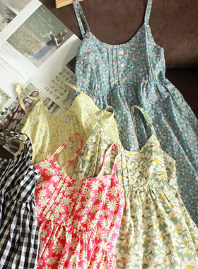 夏新款气质吊带裙甜美印花连衣裙无袖碎花纯棉短裙百褶蓬蓬高腰裙