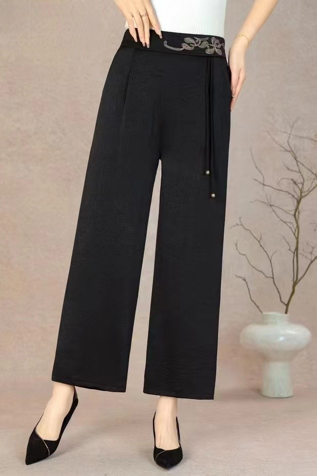 2026新款直筒高腰腰口绣花休闲糯米裤气质妈妈装夏季绣花国风女裤