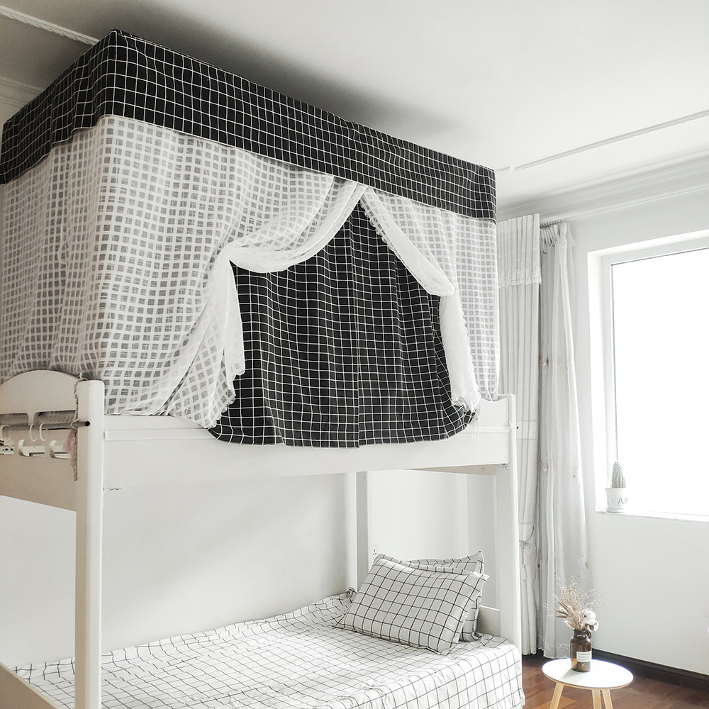 棉麻格纹【一体式防蚊】纱帐床帘大学生寝室宿舍上下铺半遮光防蚊