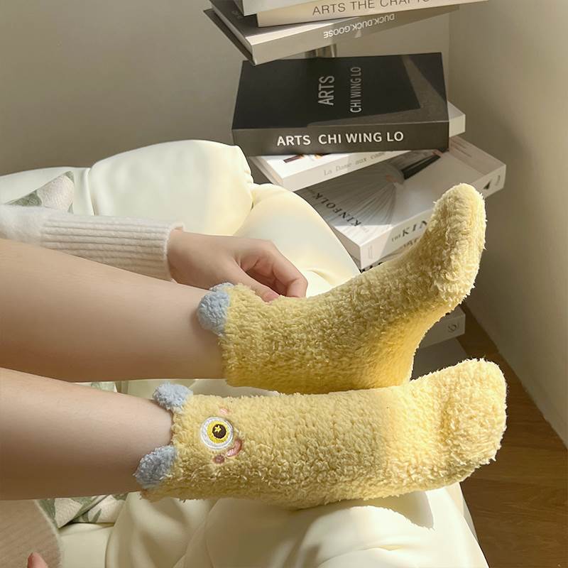 可爱珊瑚绒袜子女秋冬天毛绒棉袜加厚家居睡