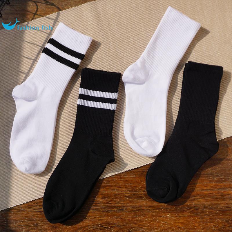 黑色袜子女中筒袜条纹外穿搭配鲨鱼裤长筒棉袜春秋冬两杠白色长袜