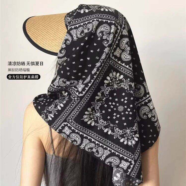 护颈一体防晒帽大帽簷女折叠抗UV遮阳头巾包头帽度假草帽夏季