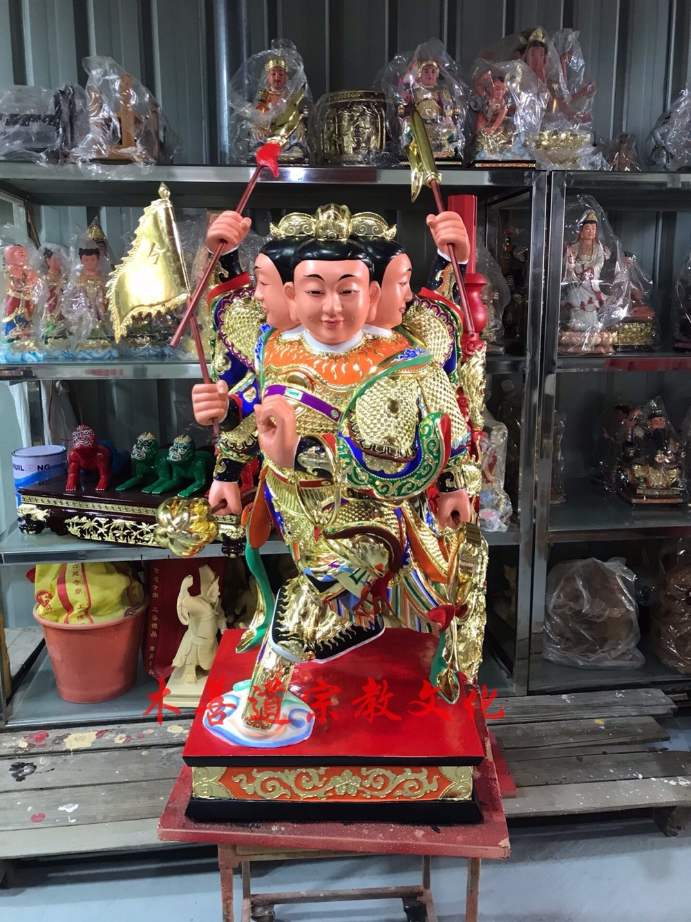 木雕神像哪吒三太子中坛元帅三头六臂李元帅90厘米