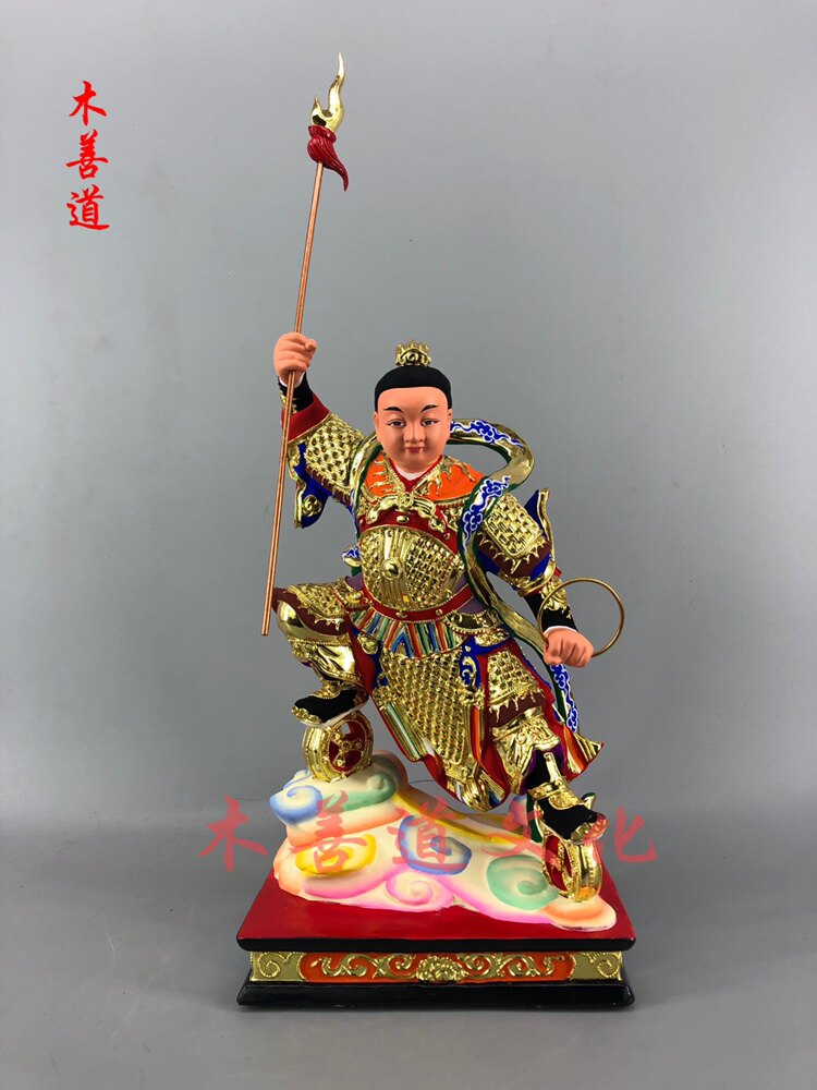 哪吒木雕三太子李元帅中坛元帅香樟木漆线雕工艺30厘米高神坛摆件