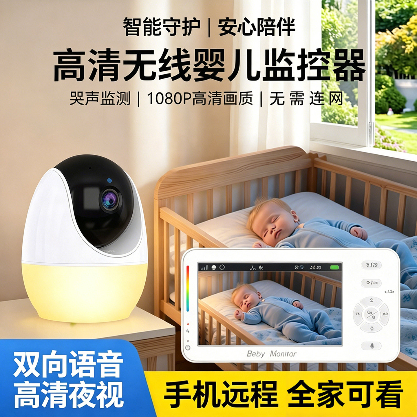 婴儿监控看护器儿童宝宝老年人家庭用哭声监测智能无线高清摄像头