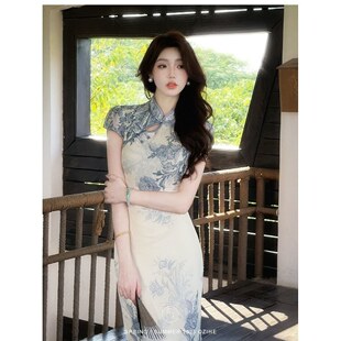 【青花瓷】新中式印花改良旗袍连衣裙女早秋新款气质镂空收腰长裙