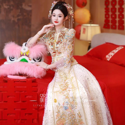 重工2026新款新娘香槟色秀禾服中式婚纱结婚礼服显瘦小个子出阁服