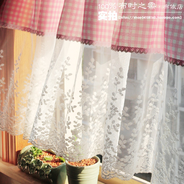 粉红格子蕾丝布艺日式半帘橱柜防尘厨房寝室书柜帘子田园短小窗帘