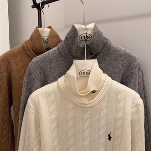 全羊毛刺绣麻花翻领针织衫 宽松内搭小设计气质款绞花套头羊毛衫