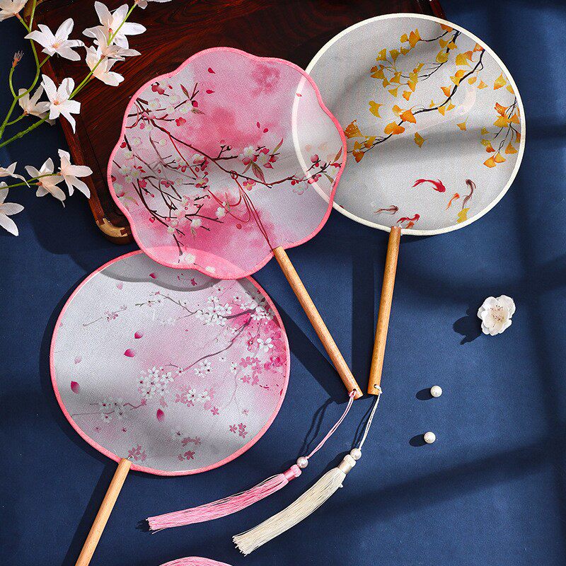 团扇古风扇子儿童汉服夏天女童舞蹈扇长柄旗袍刺绣古装小圆扇双面