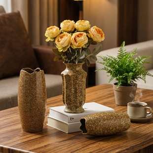 侘寂风复古陶瓷花瓶仿真花客厅插花摆件轻奢高级感玄关装 饰品花瓶