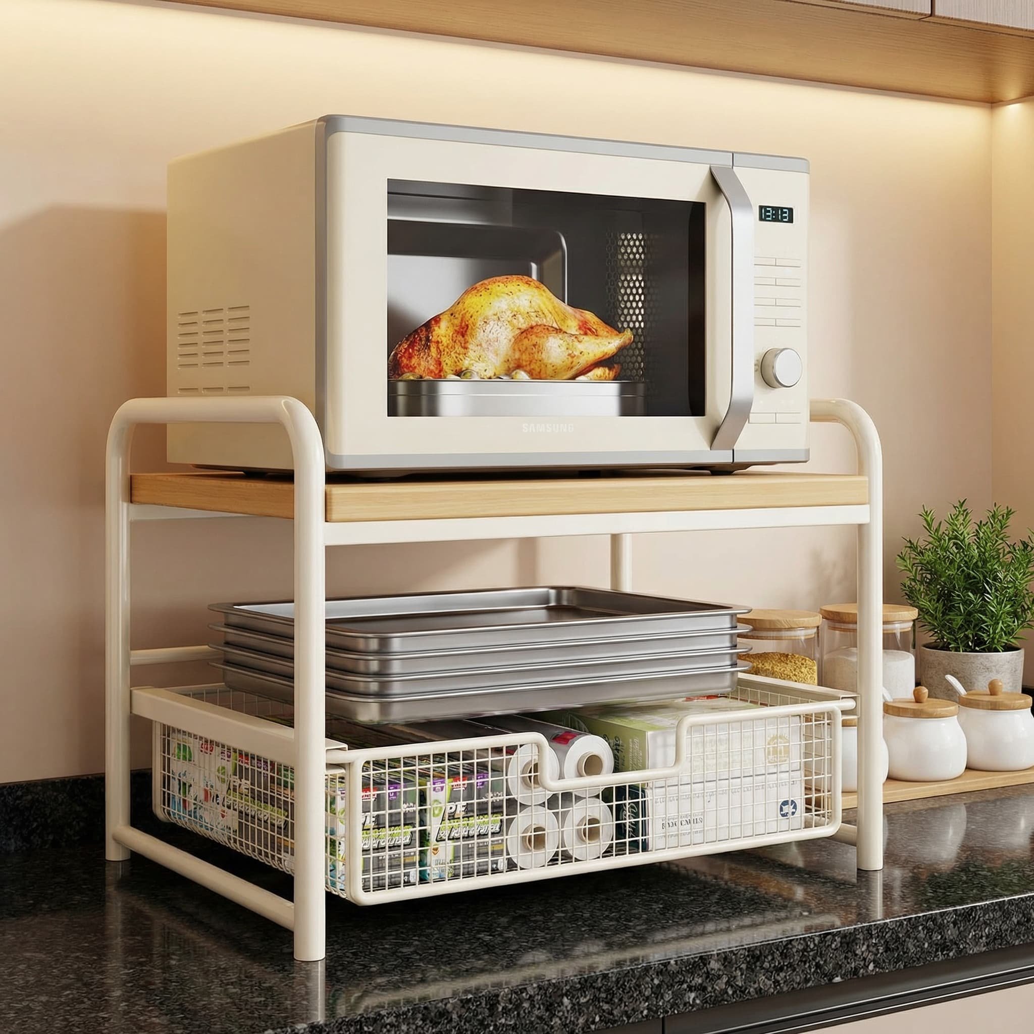 微波炉置物架家用台面桌面双层电饭煲烤箱调味料收纳柜厨房分层框,收纳整理,整理架/置物架/收纳架,淘宝优惠券,粉丝福利购,淘宝优惠卷