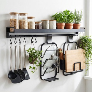 免打孔厨房置物架壁挂式 黑色调味品调料架整理架油盐厨房收纳架子