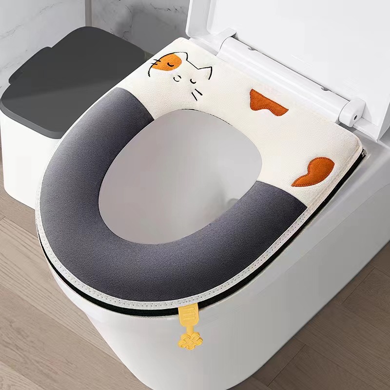 新款超柔猫咪撞色带提手马桶垫粘扣拉链坐垫冬季坐便套刺绣马桶套