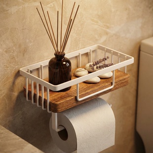 浴室卫生纸架免打孔壁挂式 收纳架厕所卫生间木制置物架抽纸架家用