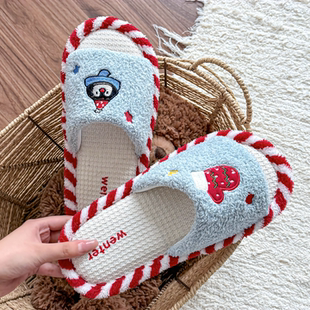 室内拖鞋 亚麻拖鞋 透气吸汗家居室内棉拖防滑耐磨毛毛拖鞋 四季 女款