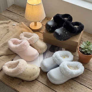 防水防油污增高加绒毛毛拖鞋 时尚 冬天保暖棉拖女 秋冬季 星星棉拖鞋