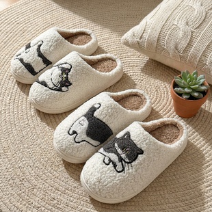 家居室内防滑软底卡通毛绒保暖棉拖女可爱 冬季 刺绣猫咪棉拖鞋 女款