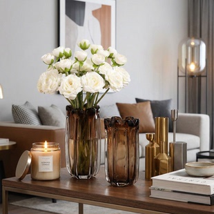 饰品 饰花器装 轻奢花瓣琥珀色花瓶摆件北欧高档简约客厅餐桌软装 装