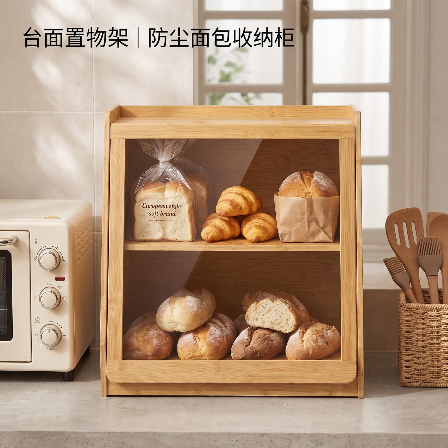 竹制面包收纳盒双层厨房调料瓶储物架透明亚克力蛋糕点心存储盒