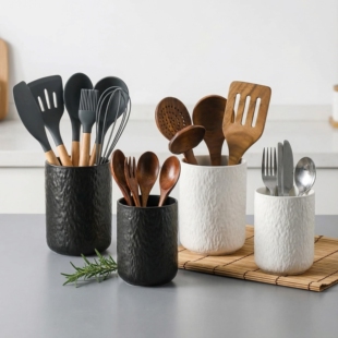 高级感岩石纹厨具收纳筒陶瓷锅铲勺收纳罐筷子笼架厨房餐具收纳桶
